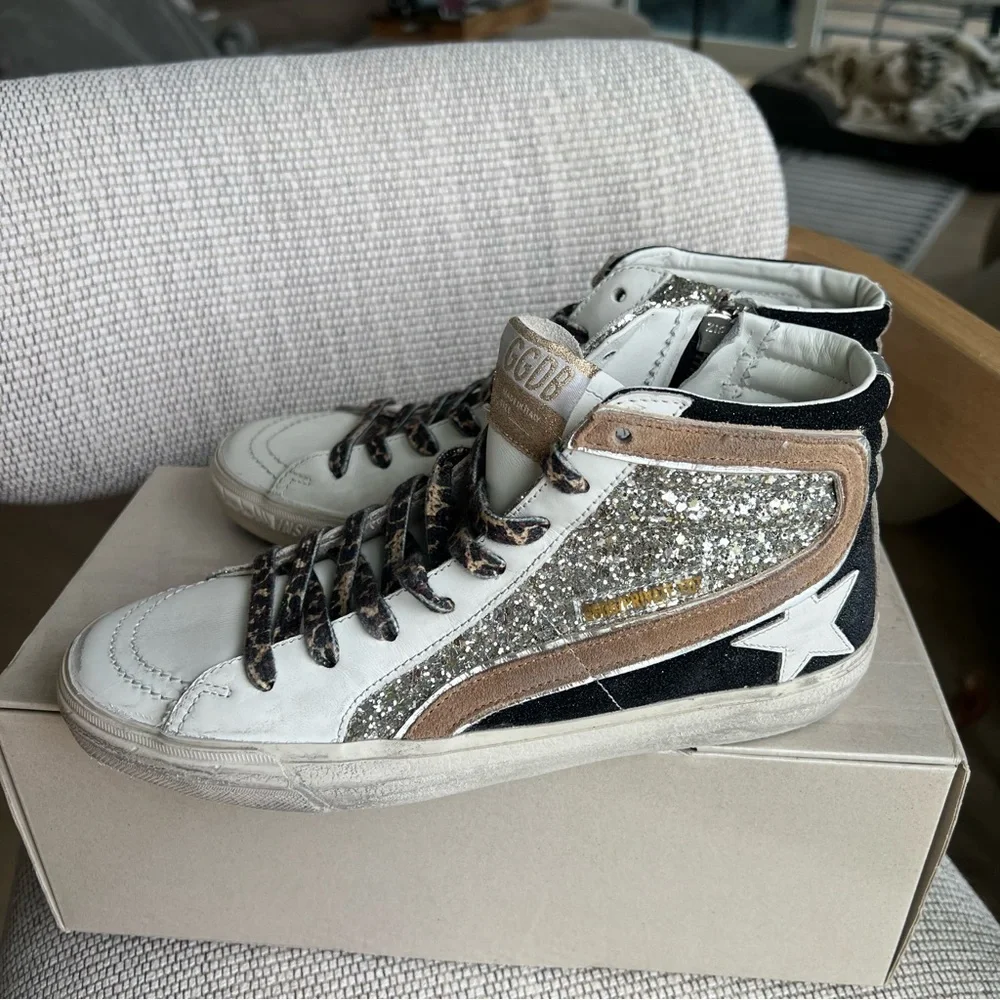 Golden Goose Slide Mid Top Mids Slides Glitter Leather Sneakers NIB